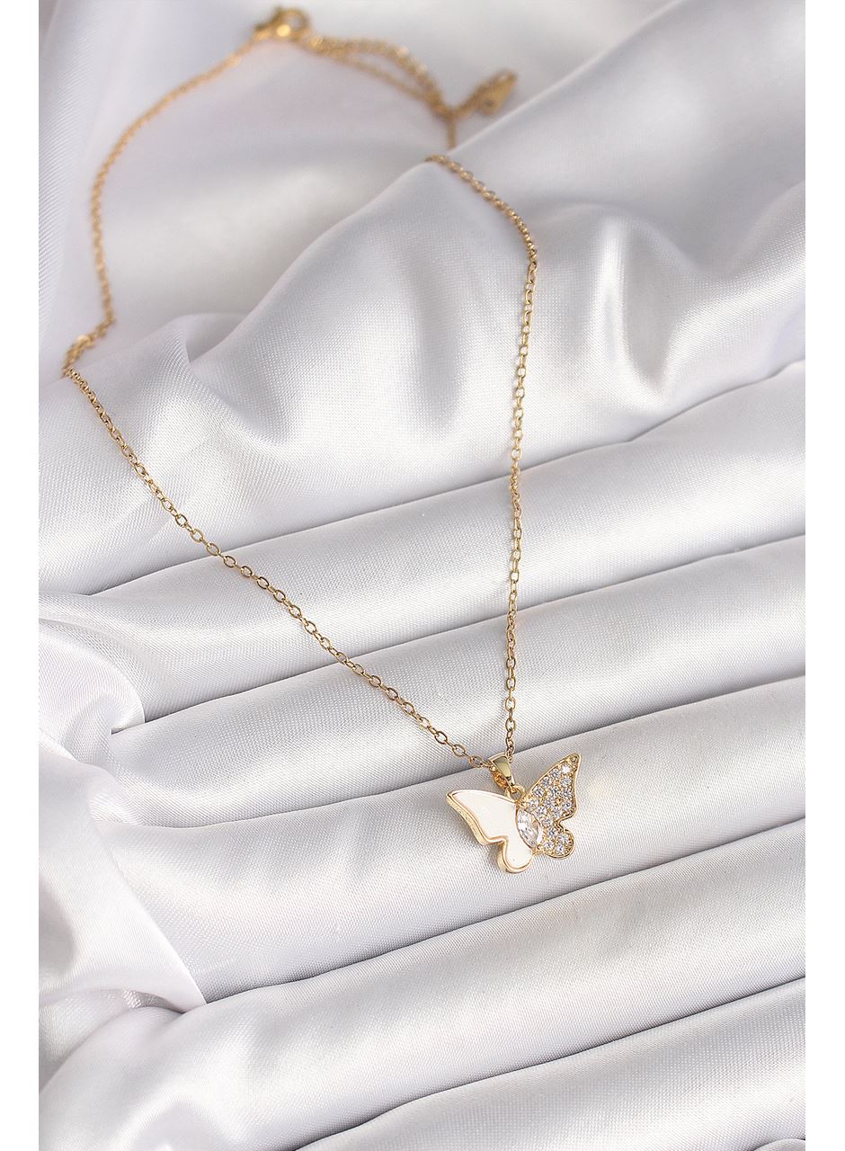 316L Çelik Gold Renk Zincir Zirkon Taşlı Beyaz Mineli Kelebek Model Kadın Kolye