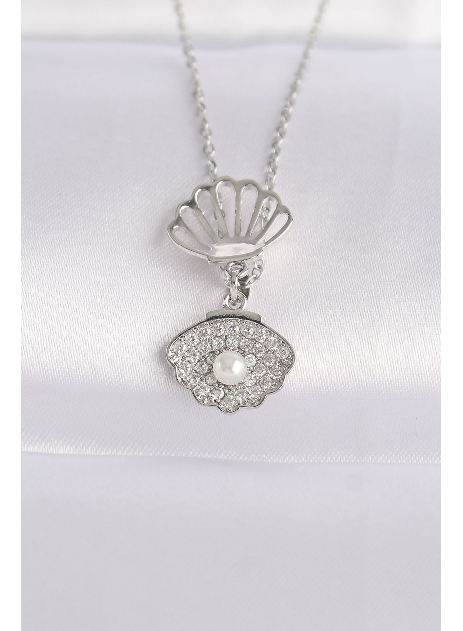 316L Çelik Zincir Gümüş Renk Zirkon Taşlı İnci Detay İstiridye Kolye