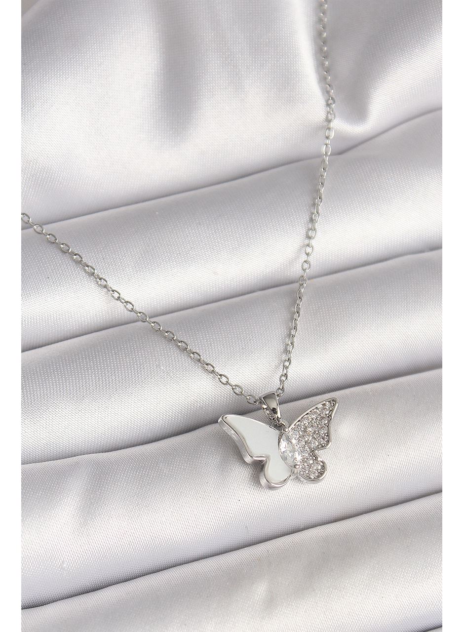 316L Çelik Gümüş Renk Zincir Zirkon Taşlı Beyaz Mineli Kelebek Model Kadın Kolye