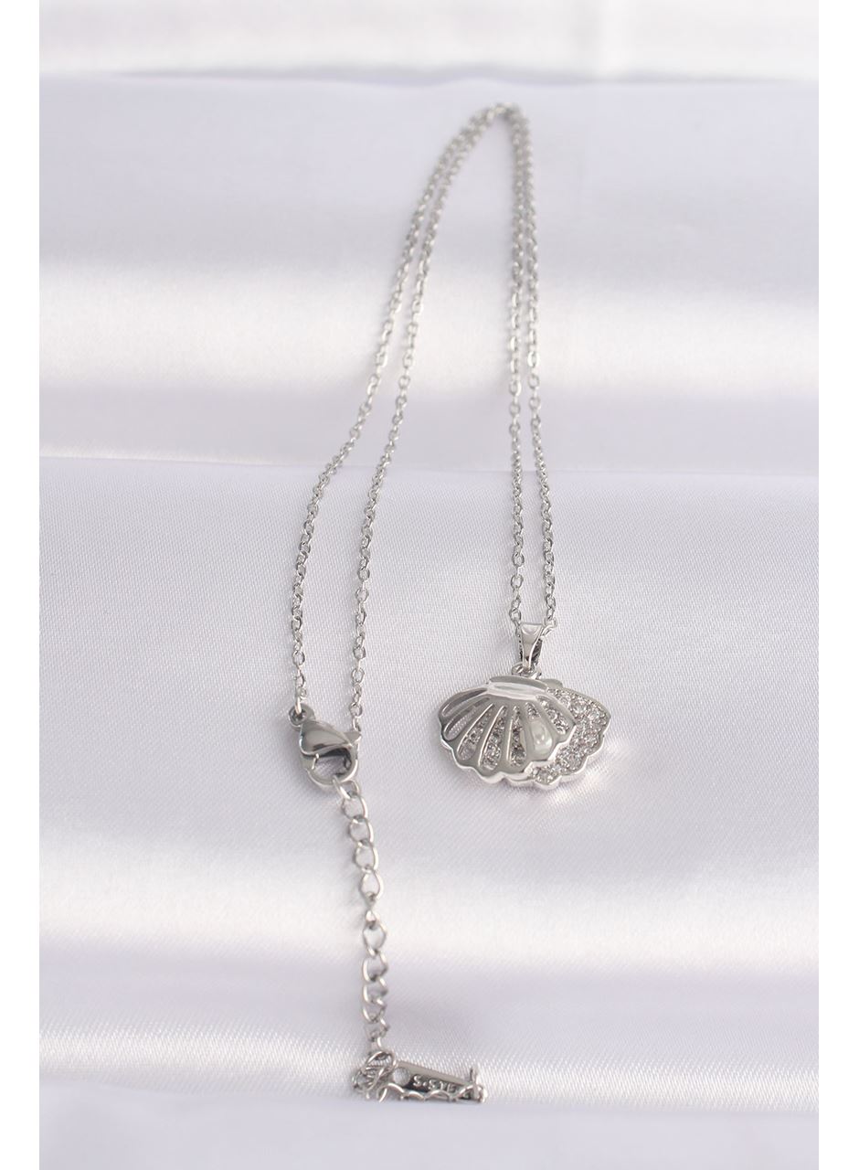 316L Çelik Zincir Gümüş Renk Zirkon Taşlı İnci Detay İstiridye Kolye