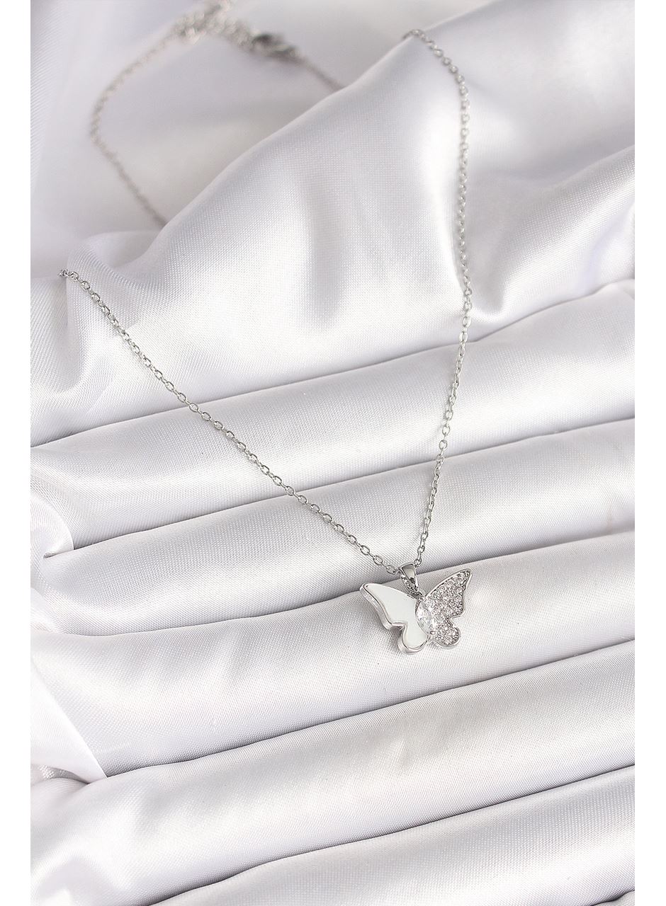 316L Çelik Gümüş Renk Zincir Zirkon Taşlı Beyaz Mineli Kelebek Model Kadın Kolye