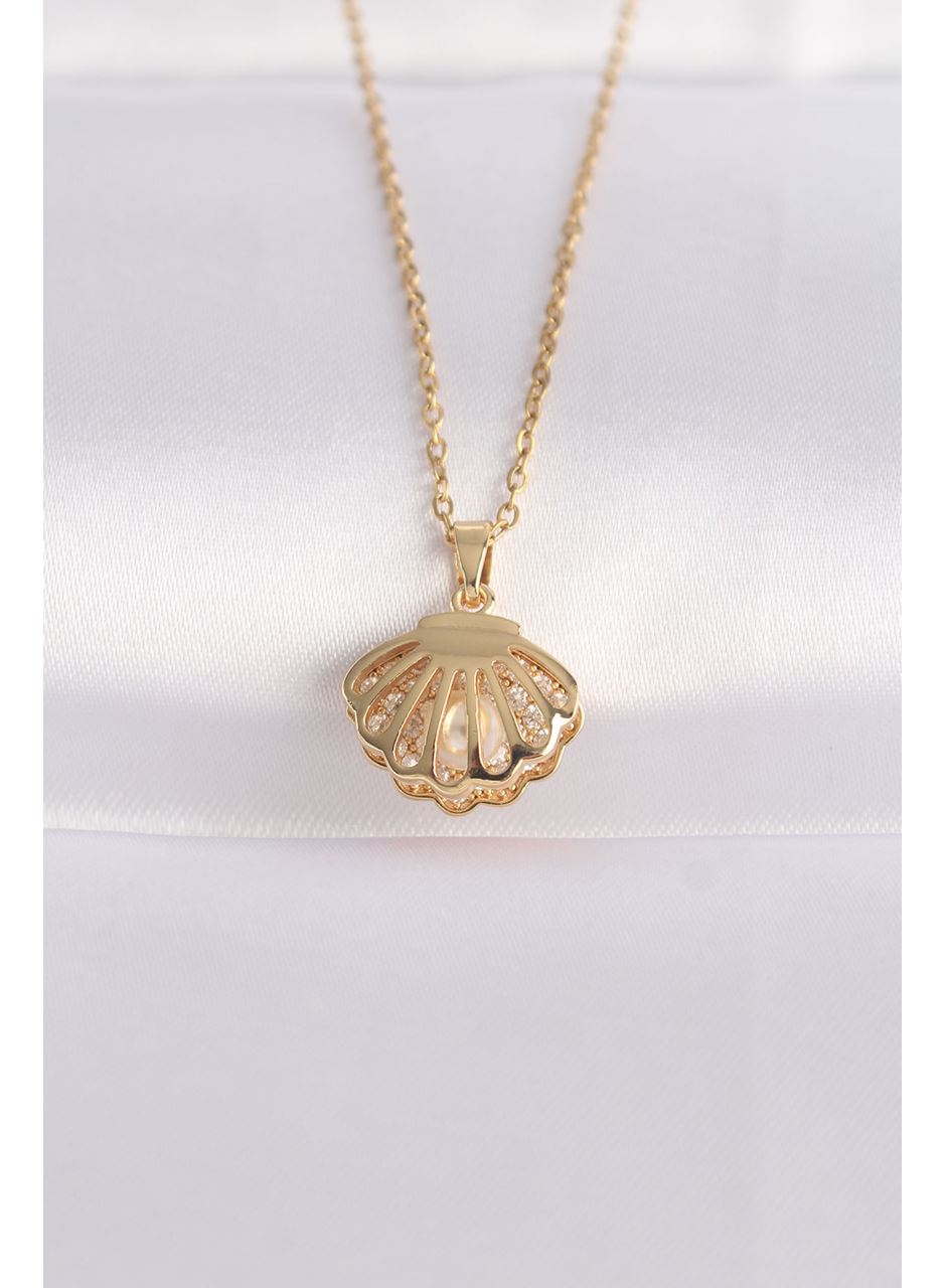 316L Çelik Zincir Altın Renk Zirkon Taşlı İnci Detay İstiridye Kolye