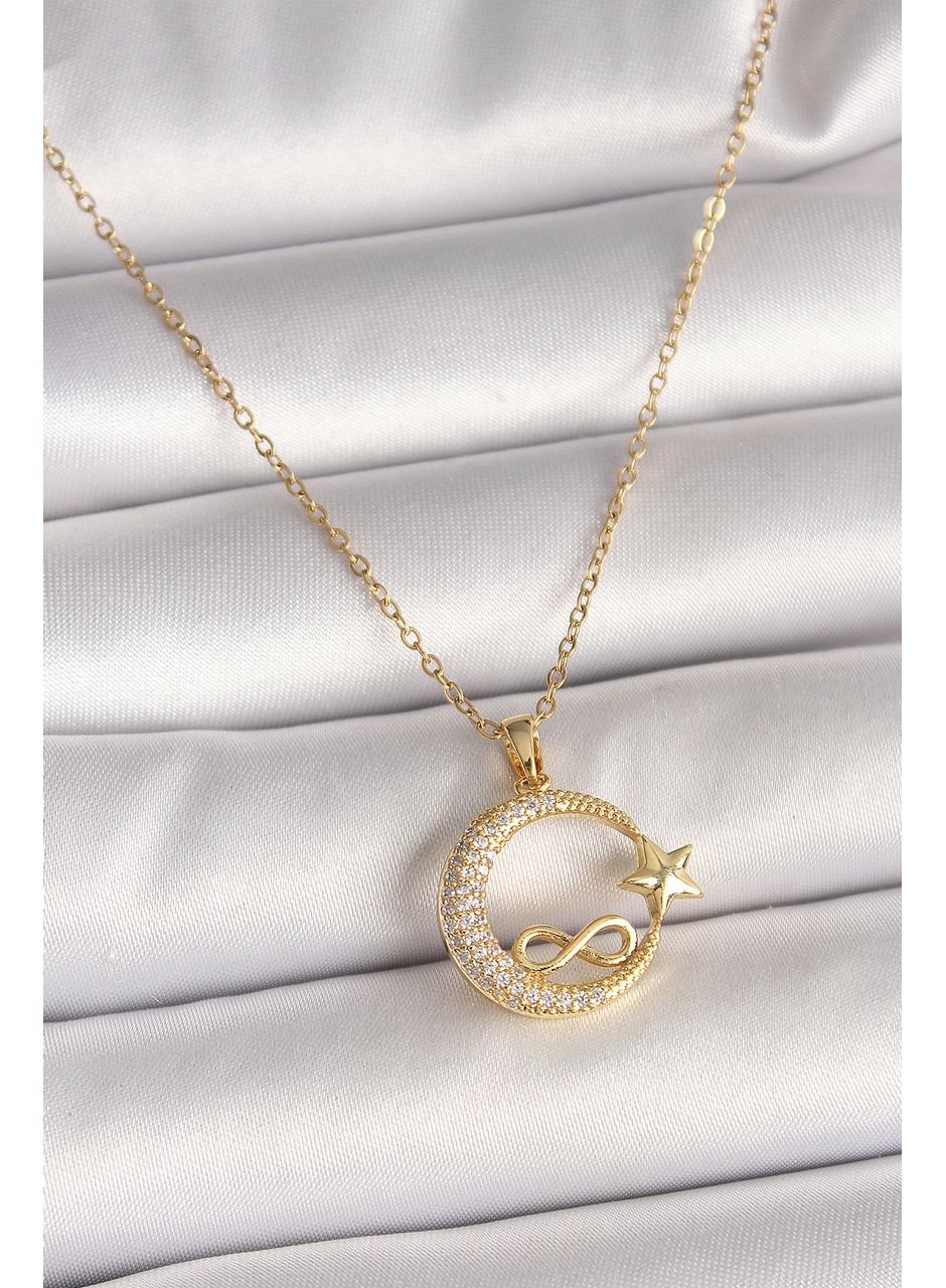316L Çelik Gold Renk Zincir Zirkon Taşlı Ay Yıldız Model Sonsuzluk Detay Kadın Kolye