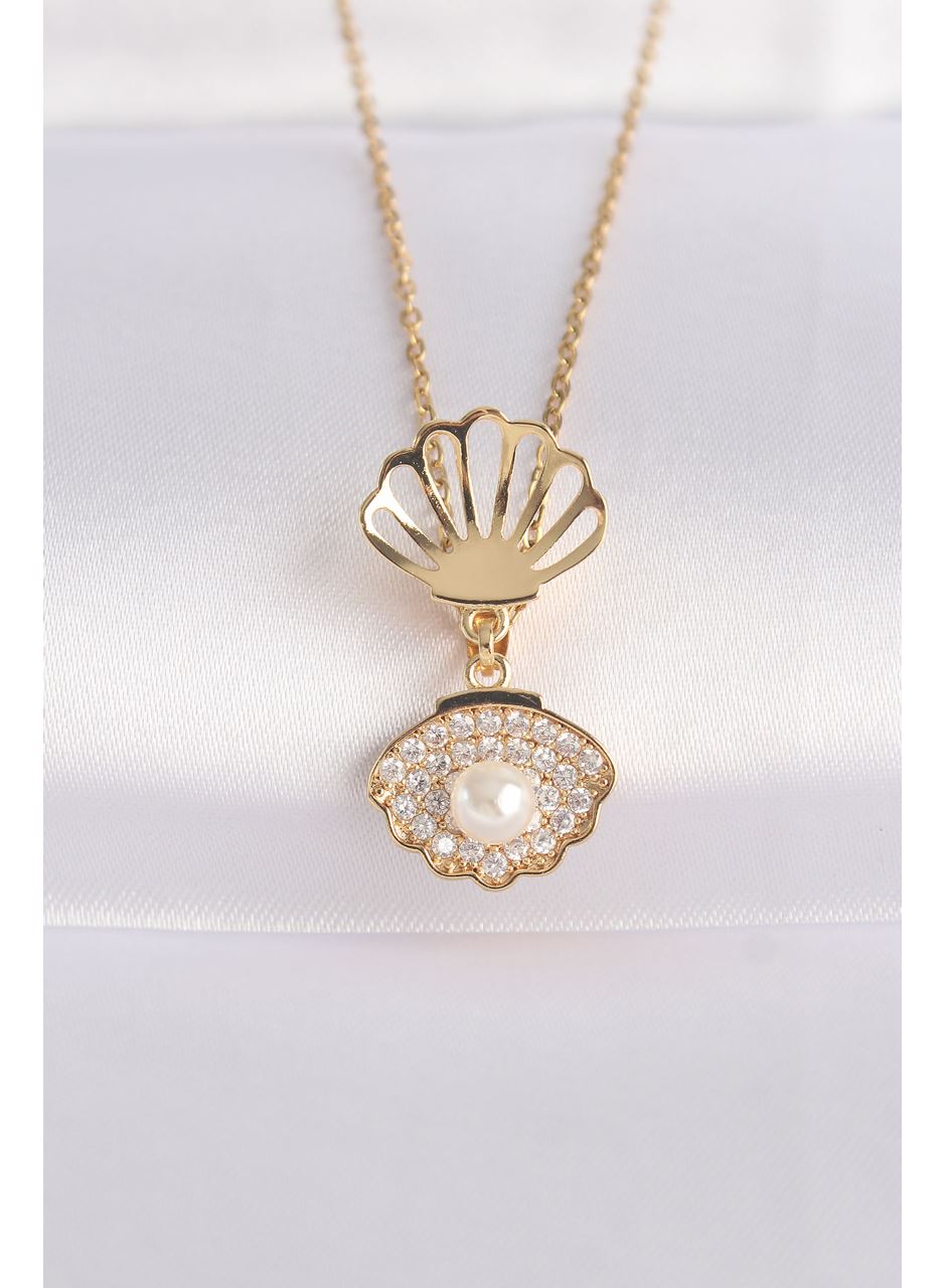 316L Çelik Zincir Altın Renk Zirkon Taşlı İnci Detay İstiridye Kolye