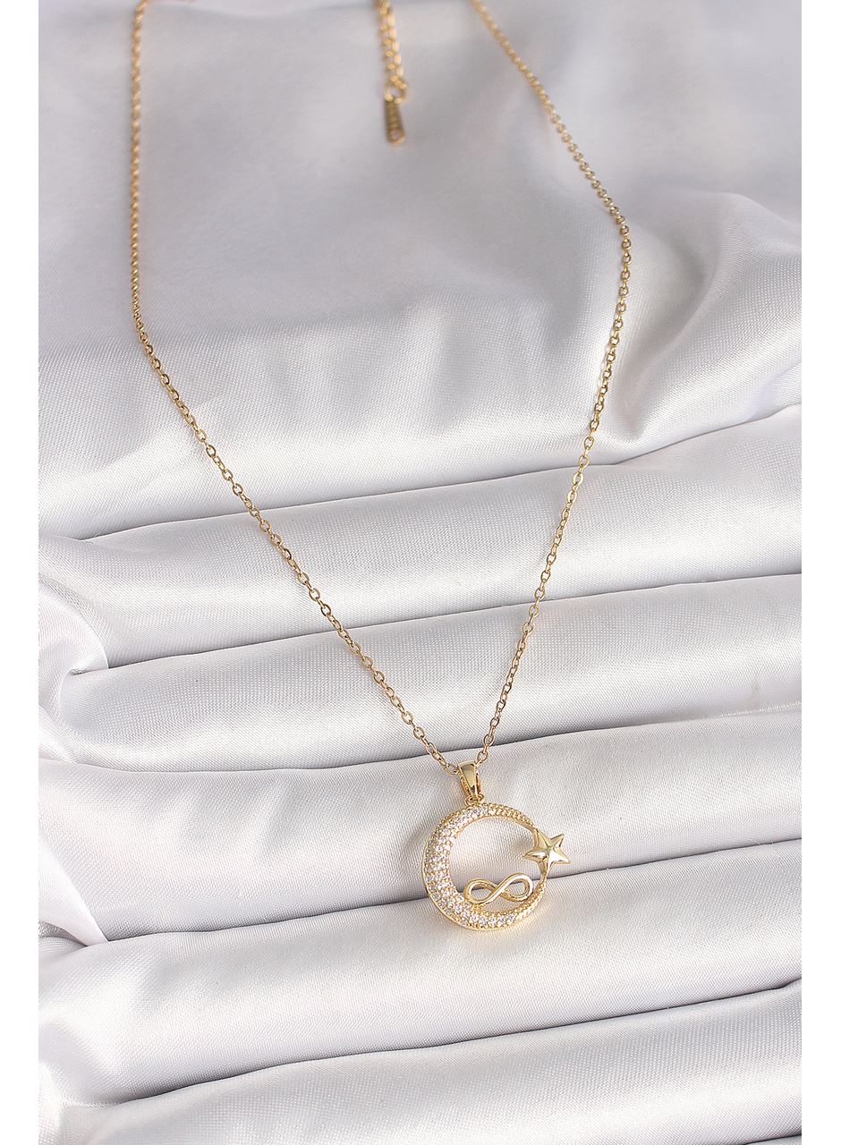 316L Çelik Gold Renk Zincir Zirkon Taşlı Ay Yıldız Model Sonsuzluk Detay Kadın Kolye