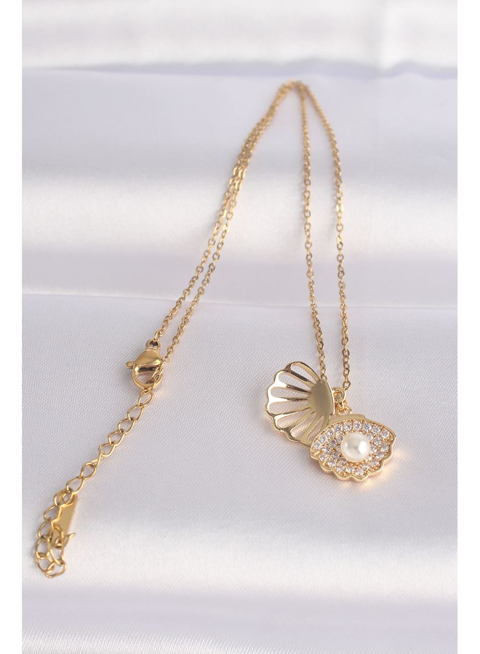 316L Çelik Zincir Altın Renk Zirkon Taşlı İnci Detay İstiridye Kolye