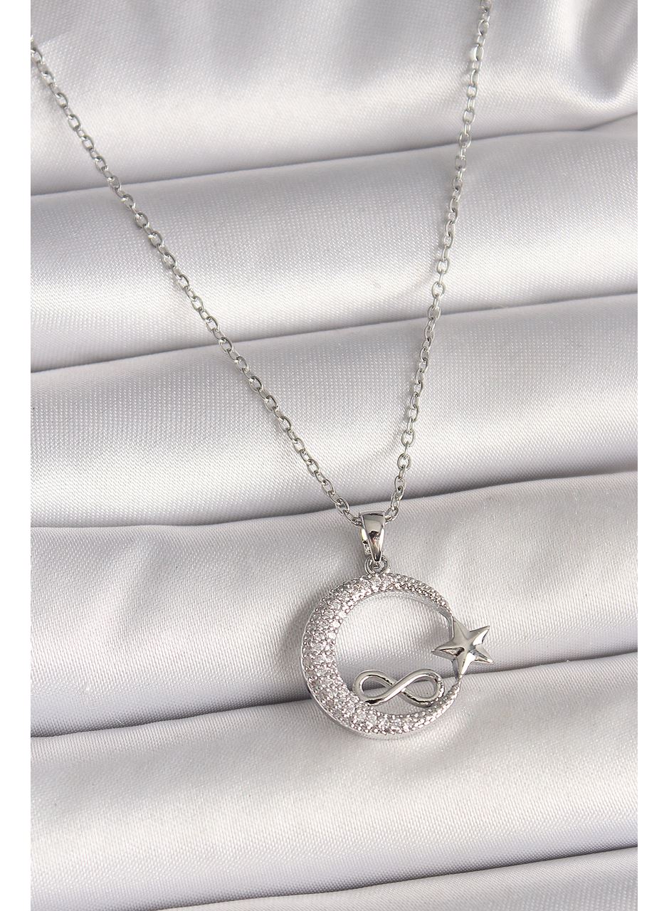 316L Çelik Gümüş Renk Zincir Zirkon Taşlı Ay Yıldız Model Sonsuzluk Detay Kadın Kolye