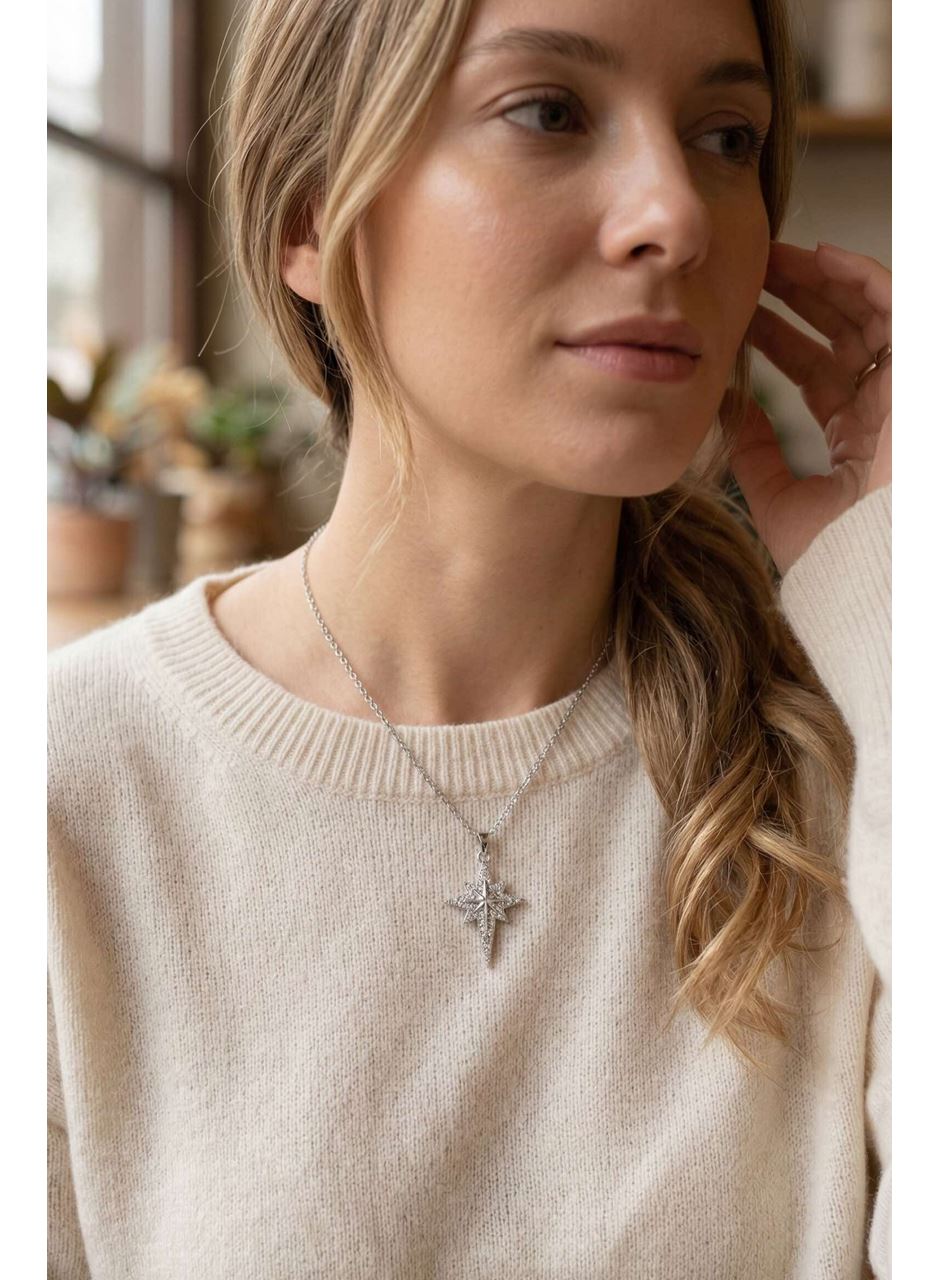 316L Çelik Gümüş Renk Zirkon Taşlı Kutup Yıldızı Model Kolye