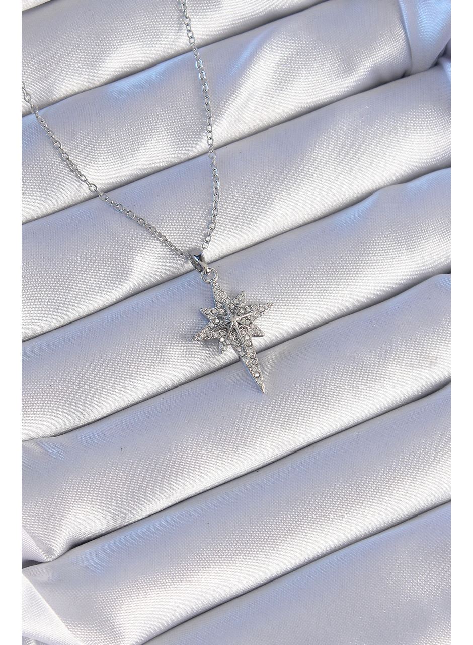 316L Çelik Gümüş Renk Zirkon Taşlı Kutup Yıldızı Model Kolye