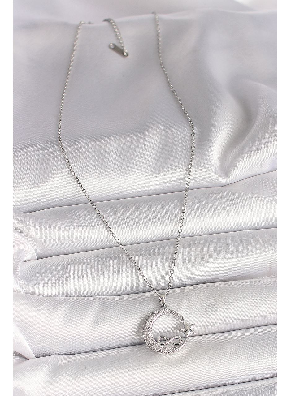 316L Çelik Gümüş Renk Zincir Zirkon Taşlı Ay Yıldız Model Sonsuzluk Detay Kadın Kolye