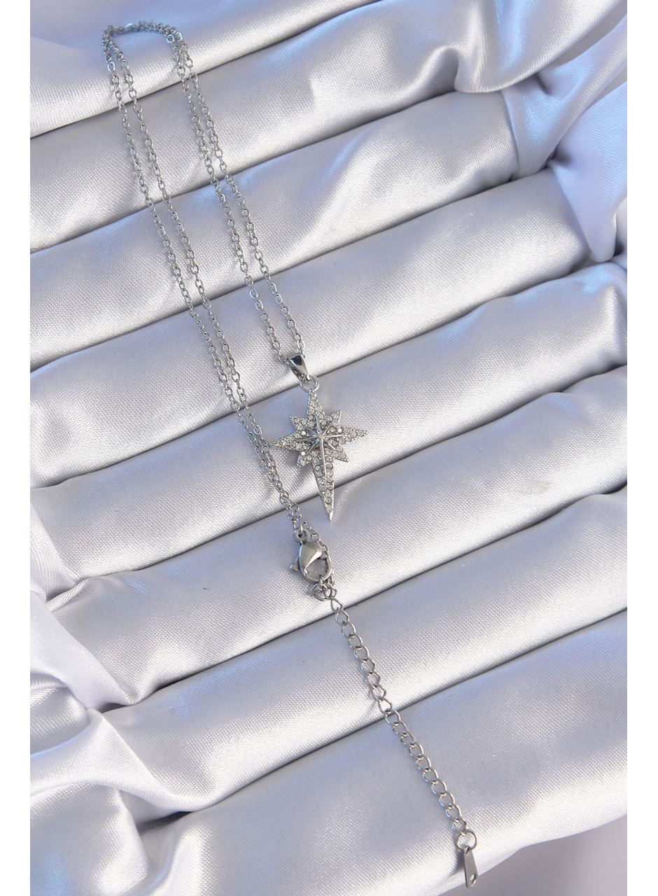 316L Çelik Gümüş Renk Zirkon Taşlı Kutup Yıldızı Model Kolye