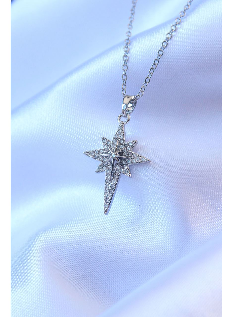 316L Çelik Gümüş Renk Zirkon Taşlı Kutup Yıldızı Model Kolye