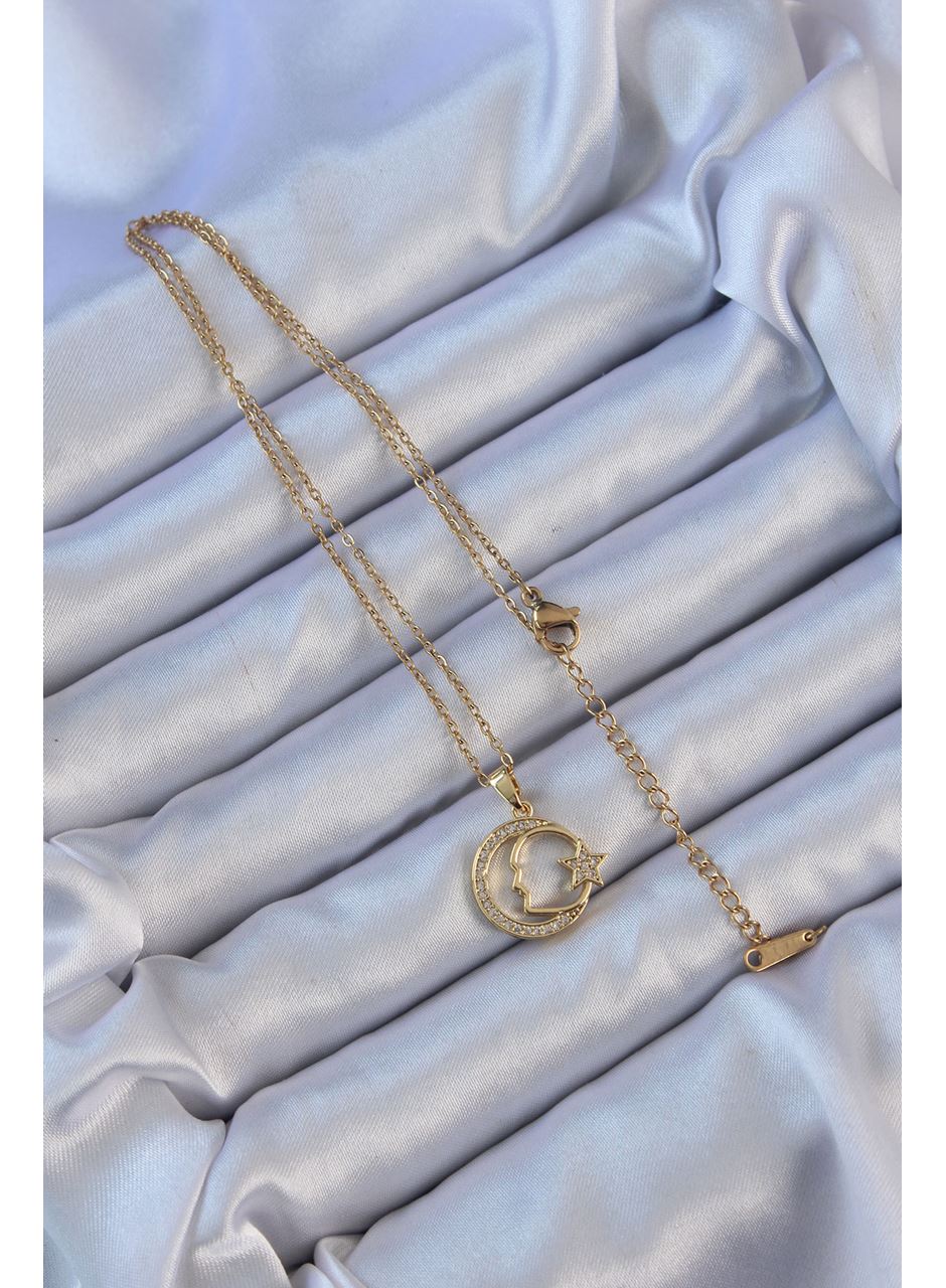 316L Çelik Zincir Altın Renk Zirkon Taşlı Ay Yıldız Simgeli Atatürk Kolye