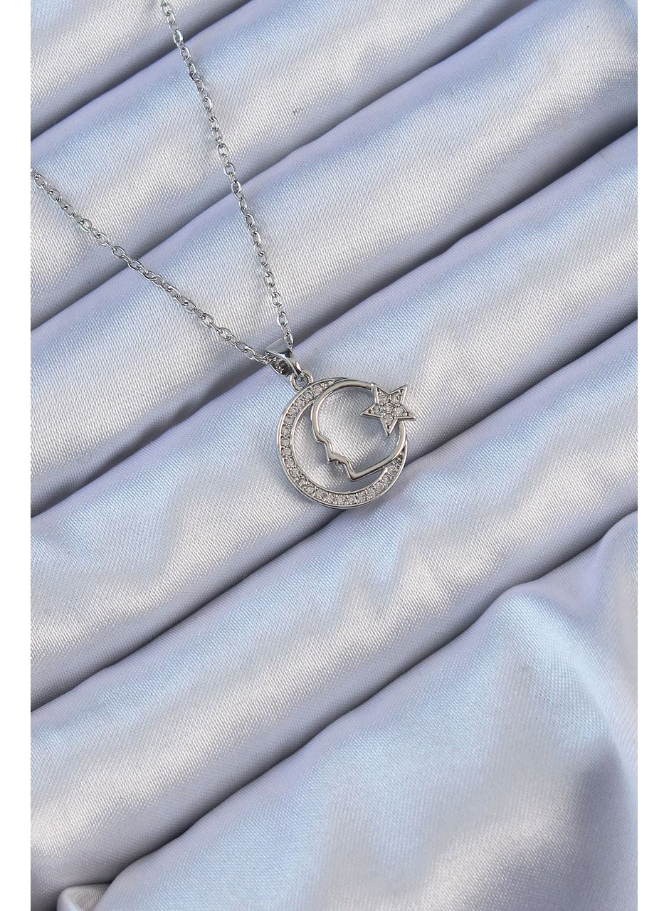 316L Çelik Zincir Gümüş Renk Zirkon Taşlı Ay Yıldız Simgeli Atatürk Kolye