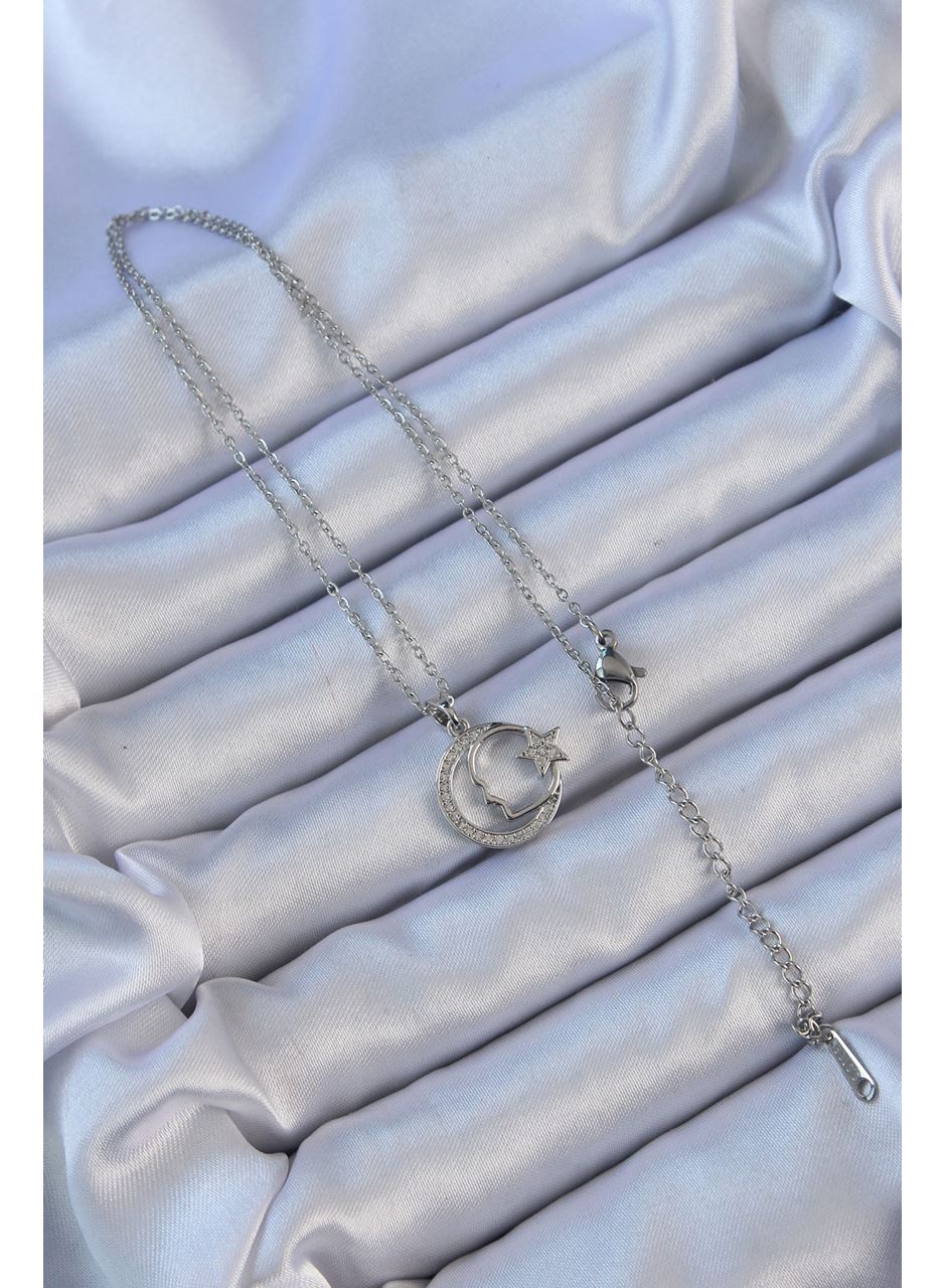 316L Çelik Zincir Gümüş Renk Zirkon Taşlı Ay Yıldız Simgeli Atatürk Kolye