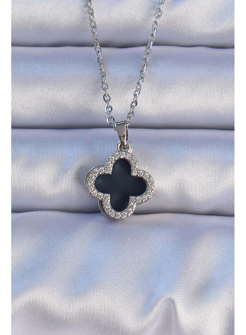 316L Çelik Gümüş Renk Siyah Mineli Zirkon Taşlı Yonca Figürlü Kolye