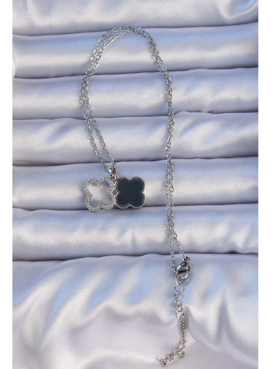 316L Çelik Gümüş Renk Siyah Mineli Zirkon Taşlı Yonca Figürlü Kolye