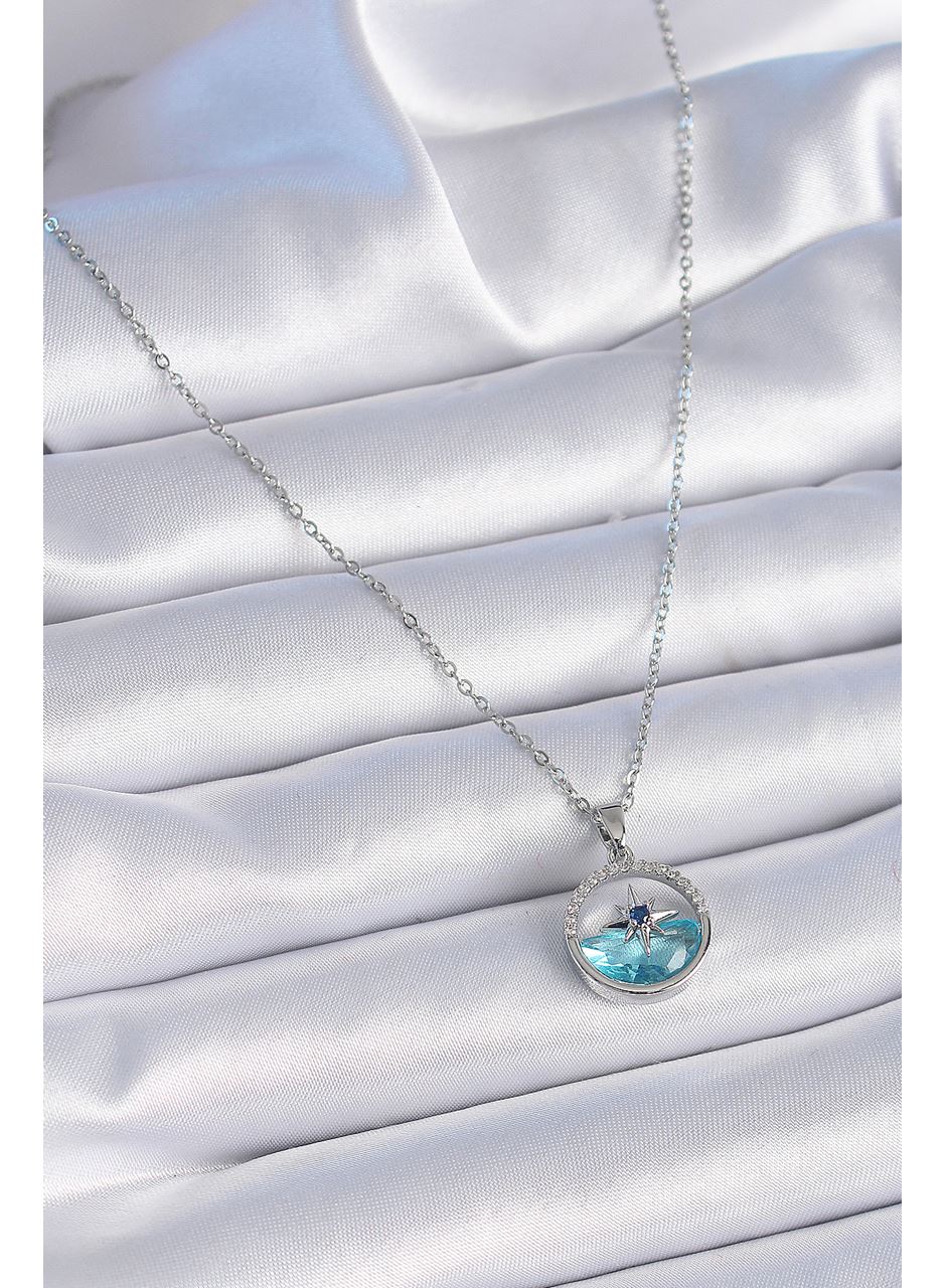 316L Çelik Zincir Gümüş Renk Zirkon Taşlı Deniz Görünüm Kutup Yıldızı Kolye