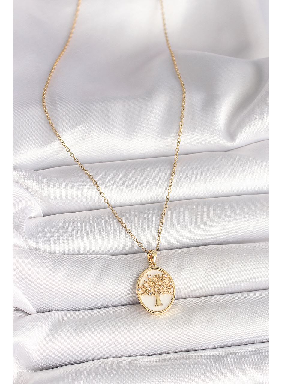 316L Çelik Gold Renk Zincir Zirkon Taş Detaylı Beyaz Mineli Ağaç İşlemeli Portre Model Kadın Kolye