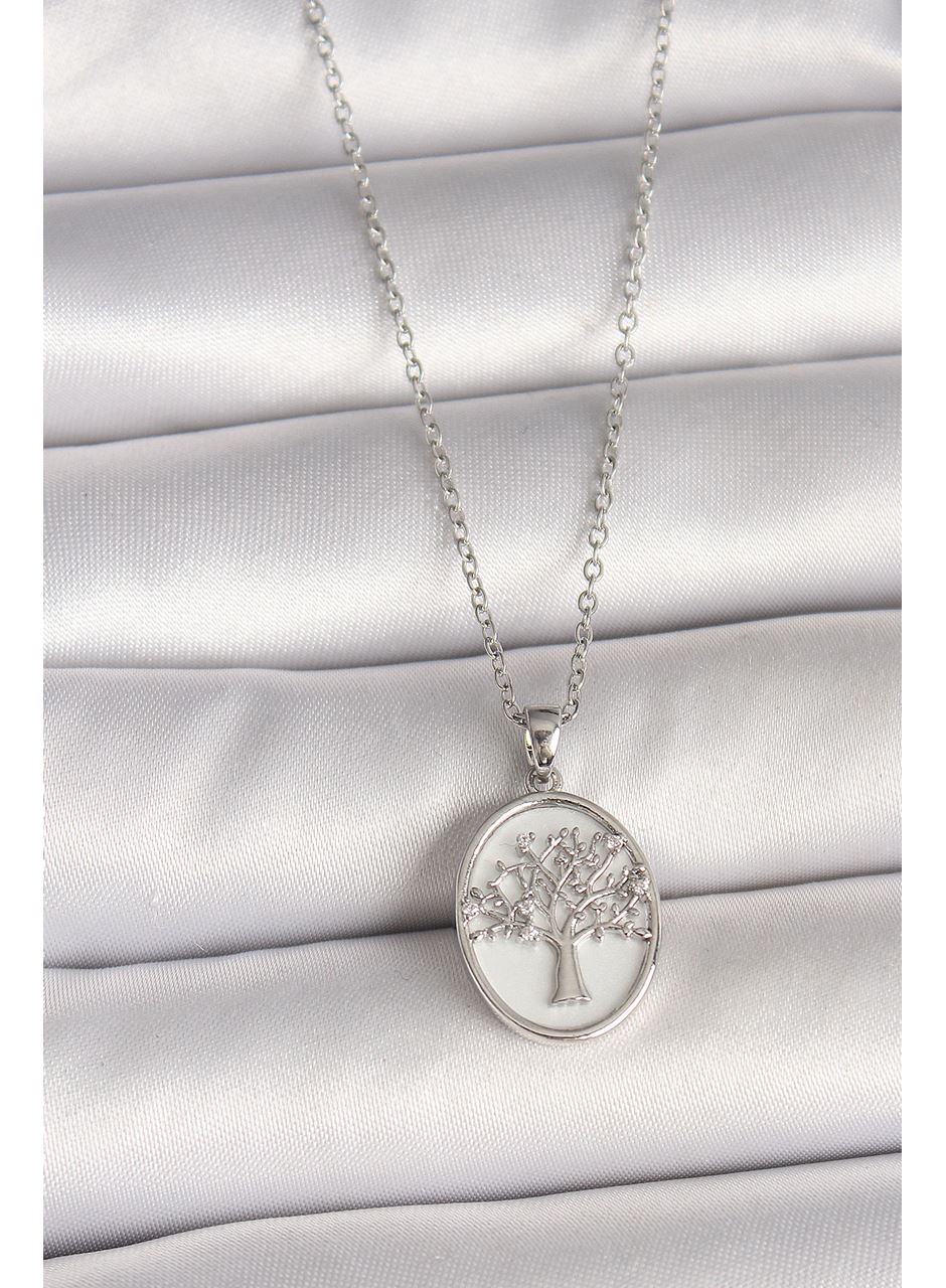 316L Çelik Gümüş Renk Zincir Zirkon Taş İşlemeli Beyaz Mineli Ağaç İşlemeli Portre Model Kadın Kolye