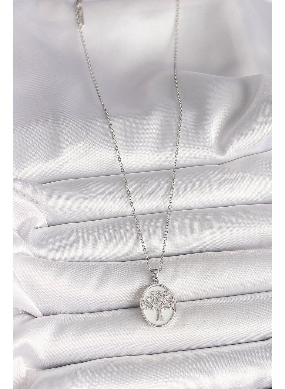 316L Çelik Gümüş Renk Zincir Zirkon Taş İşlemeli Beyaz Mineli Ağaç İşlemeli Portre Model Kadın Kolye
