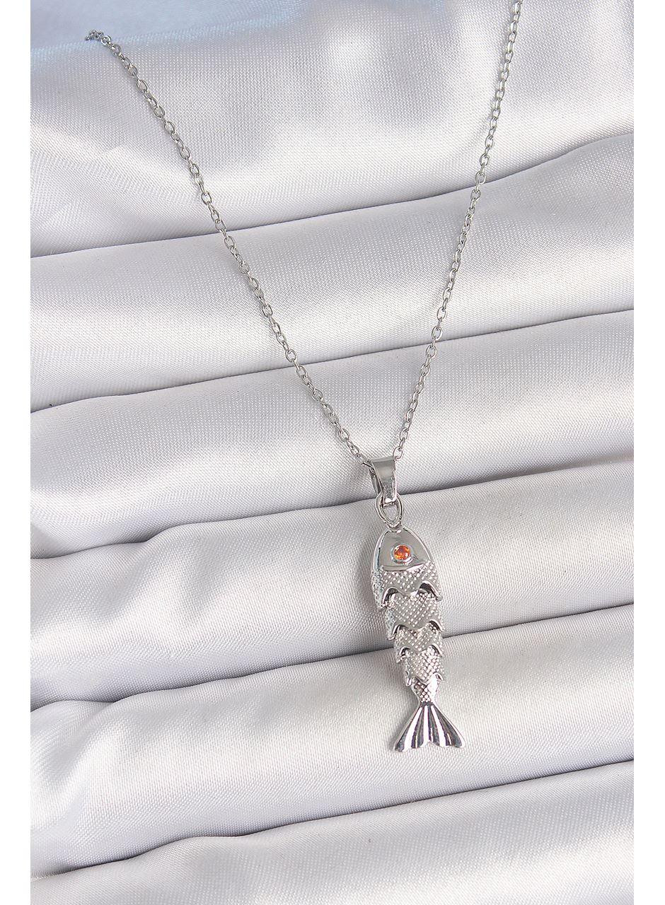 316L Çelik Zincir Gümüş Renk Zirkon Taşlı Balık Figürlü Kolye