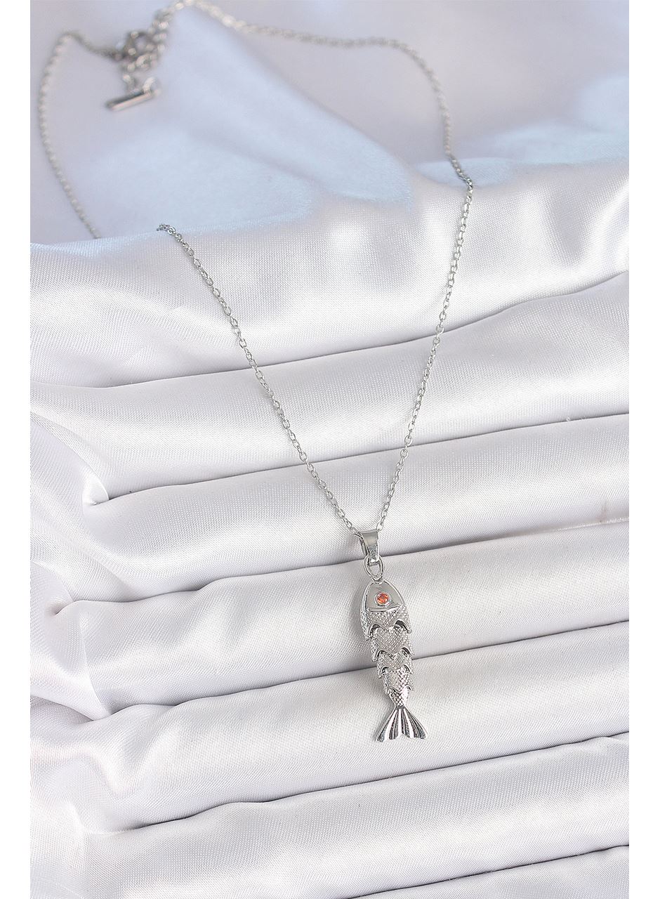 316L Çelik Zincir Gümüş Renk Zirkon Taşlı Balık Figürlü Kolye