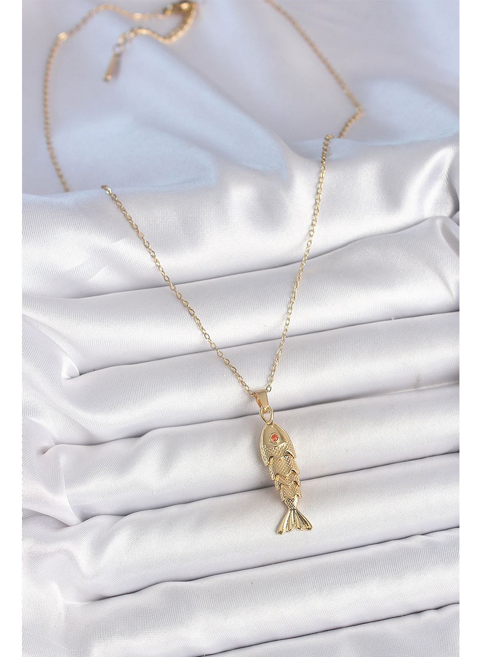 316L Çelik Zincir Gold Renk Zirkon Taşlı Balık Figürlü Kolye