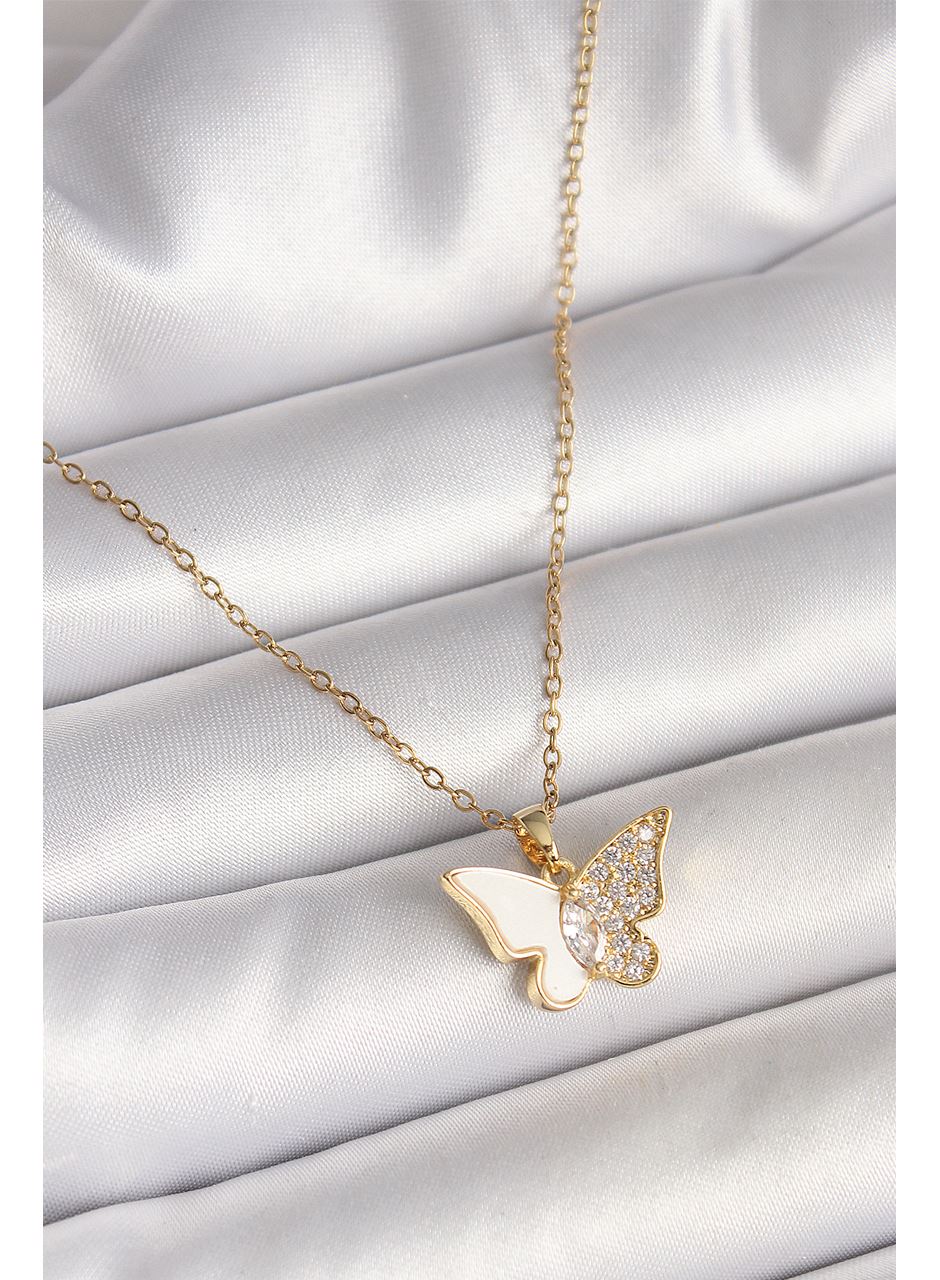 316L Çelik Gold Renk Zincir Zirkon Taşlı Beyaz Mineli Kelebek Model Kadın Kolye