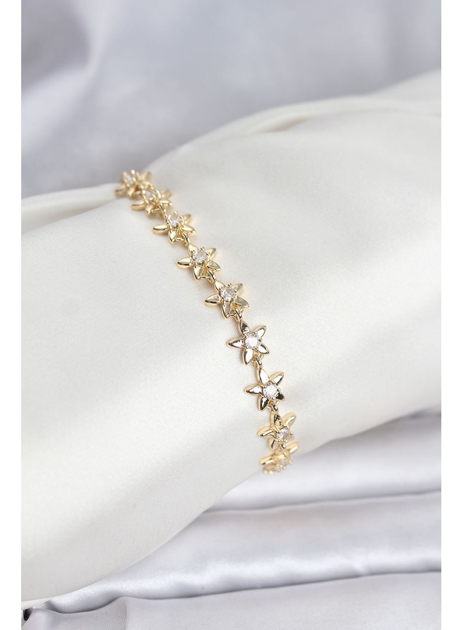 Pirinç Gold Renk VIP Seri Sıralı Taşlı Yıldız Model Zirkon Taşlı Kadın Bileklik