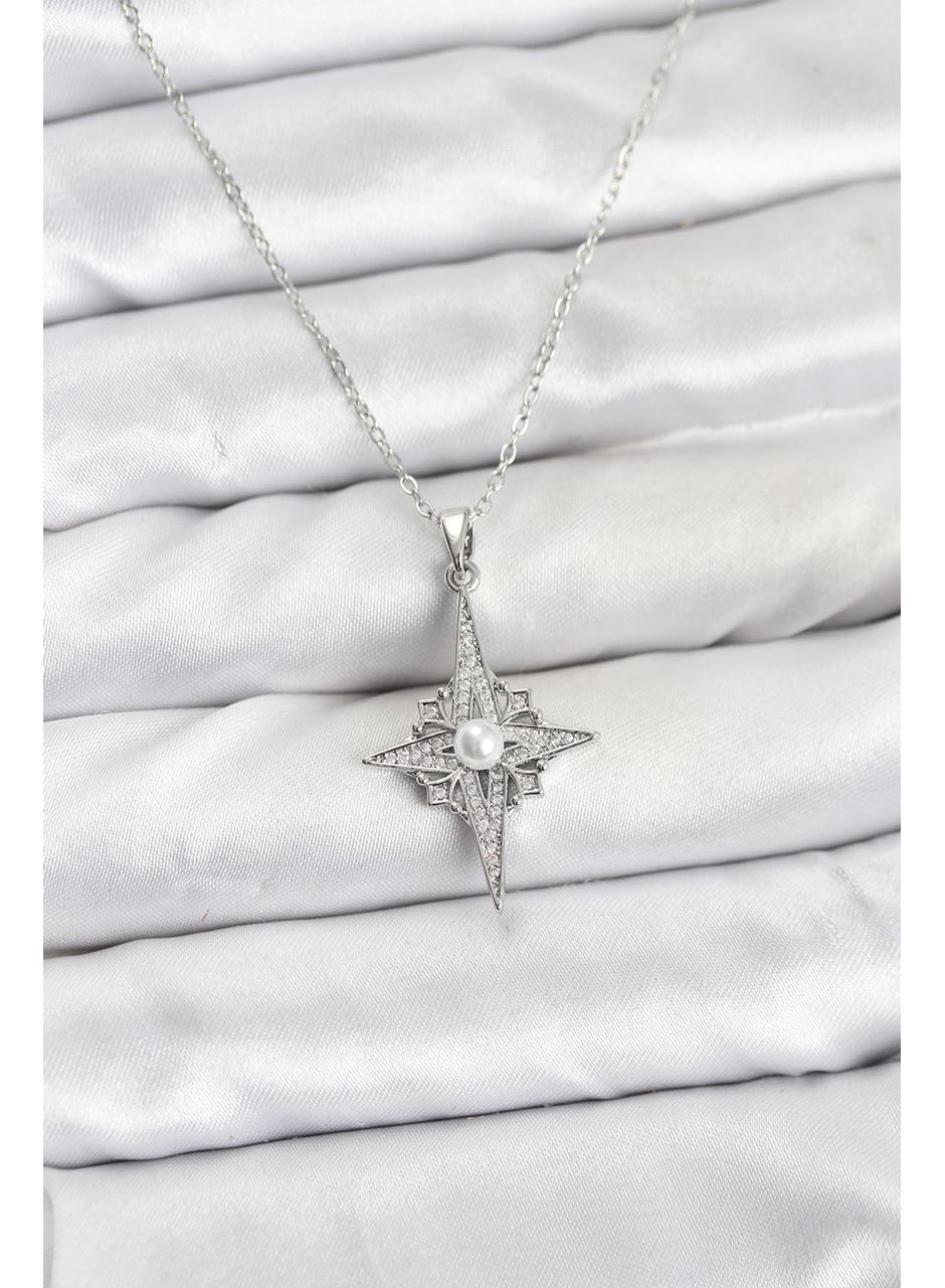 316L Çelik Zincir Gümüş Renk Kutup Yıldızı Model Zirkon Taşlı Kadın Kolye