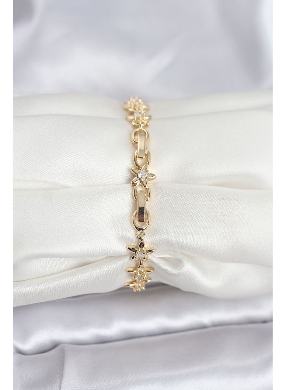 Pirinç Gold Renk VIP Seri Sıralı Taşlı Yıldız Model Zirkon Taşlı Kadın Bileklik