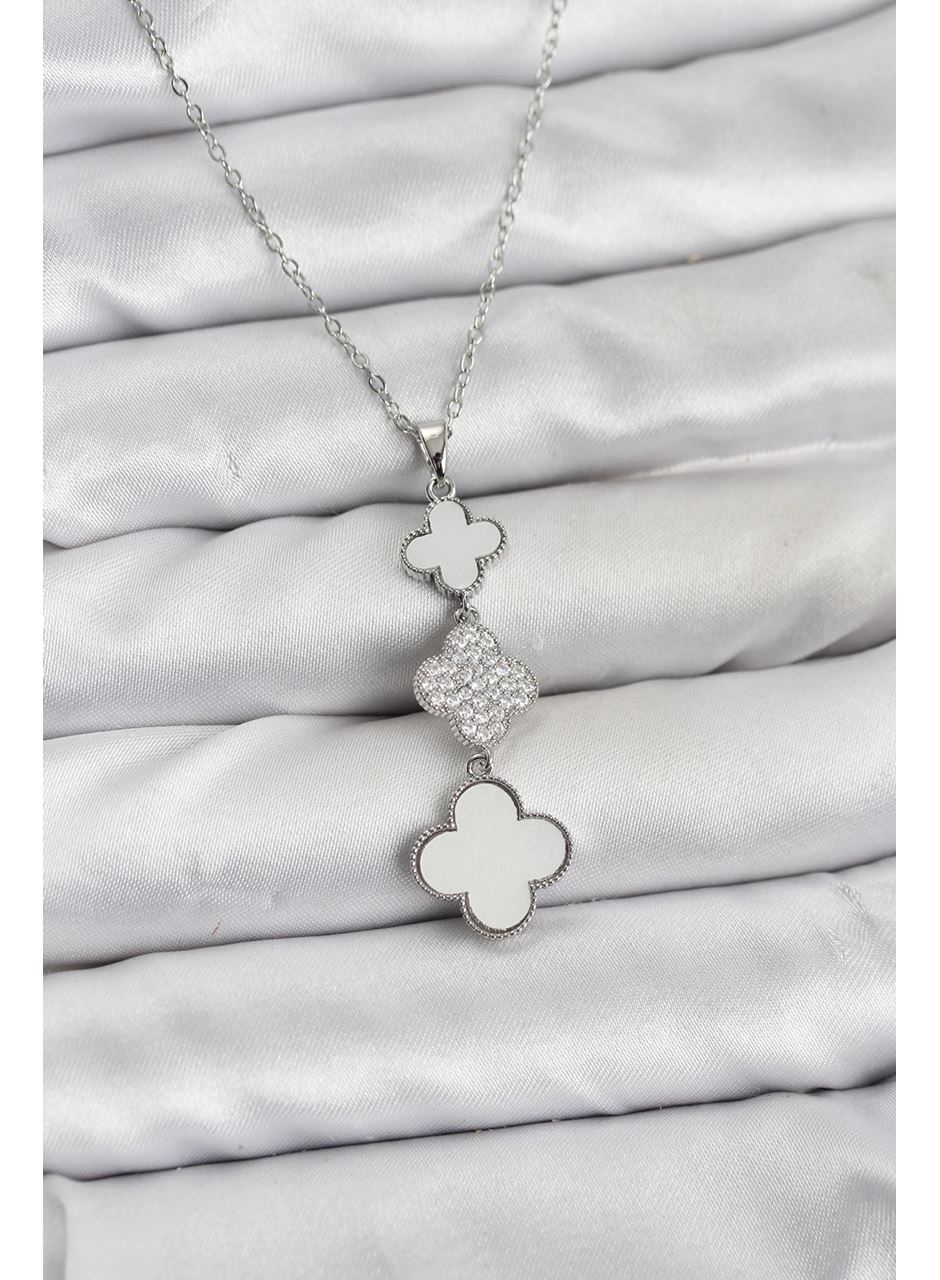 316L Çelik Zincir Gümüş Renk Yonca Detaylı Zirkon Taşlı Kadın Kolye
