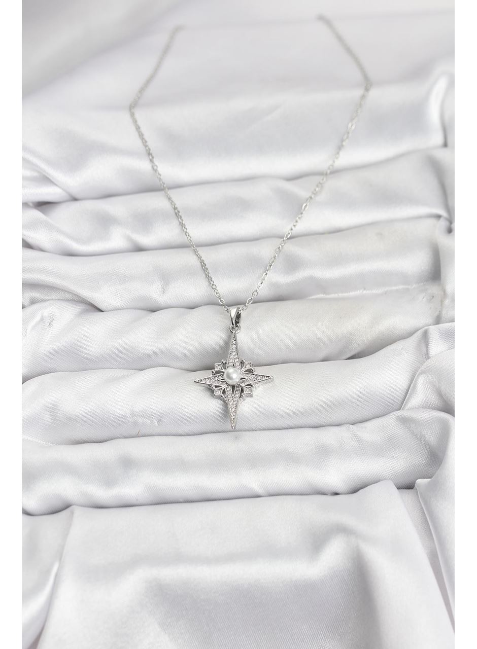 316L Çelik Zincir Gümüş Renk Kutup Yıldızı Model Zirkon Taşlı Kadın Kolye