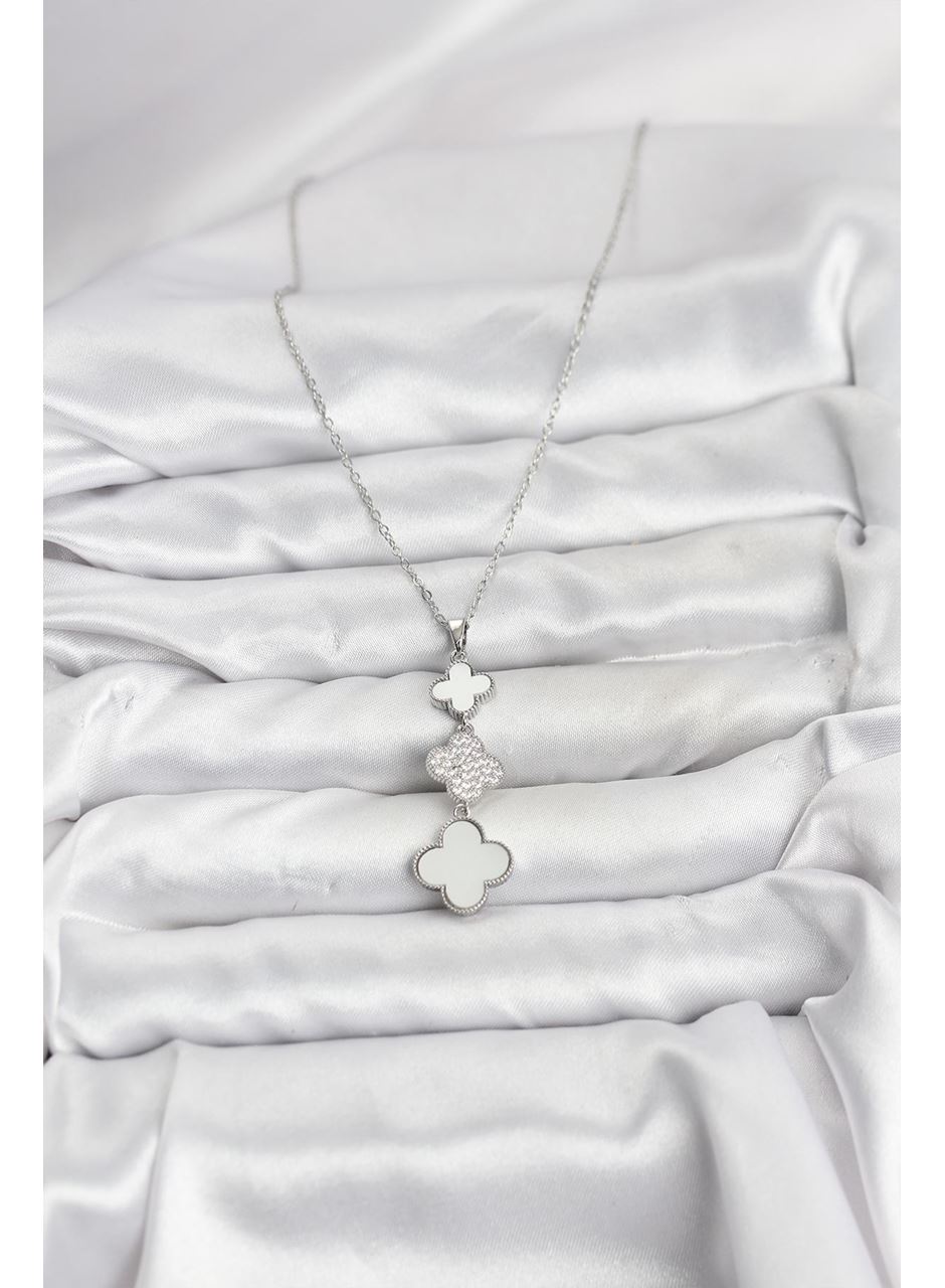 316L Çelik Zincir Gümüş Renk Yonca Detaylı Zirkon Taşlı Kadın Kolye