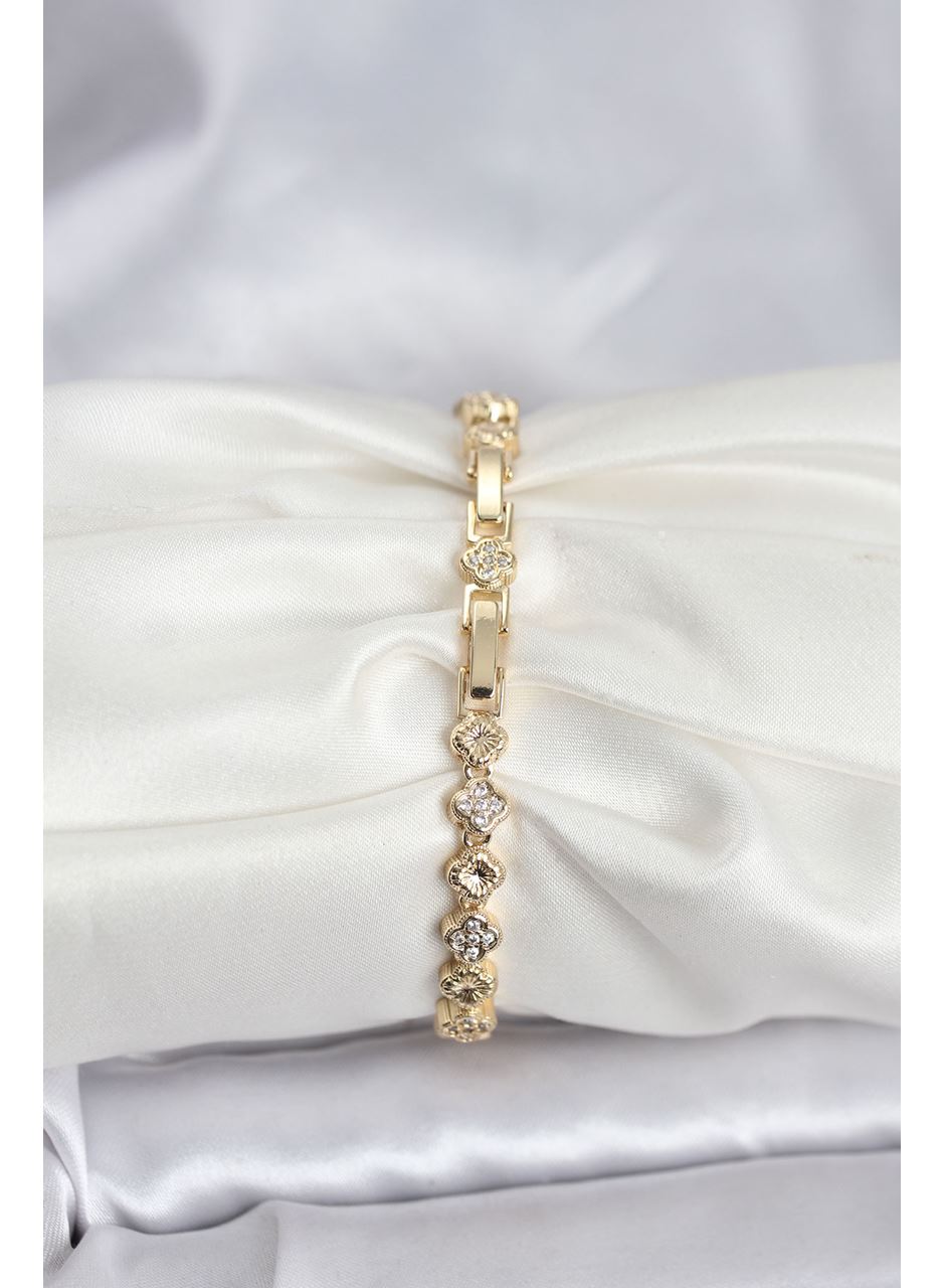 Pirinç Gold Renk VIP Seri Sıralı Yonca Model Zirkon Taşlı Kadın Bileklik