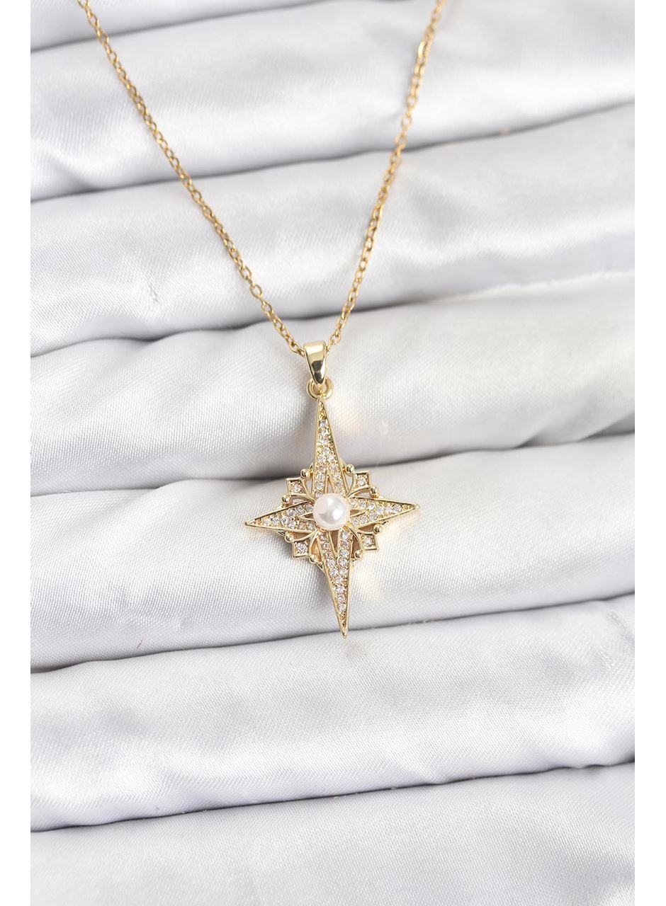 316L Çelik Zincir Gold Renk Kutup Yıldızı Model Zirkon Taşlı Kadın Kolye