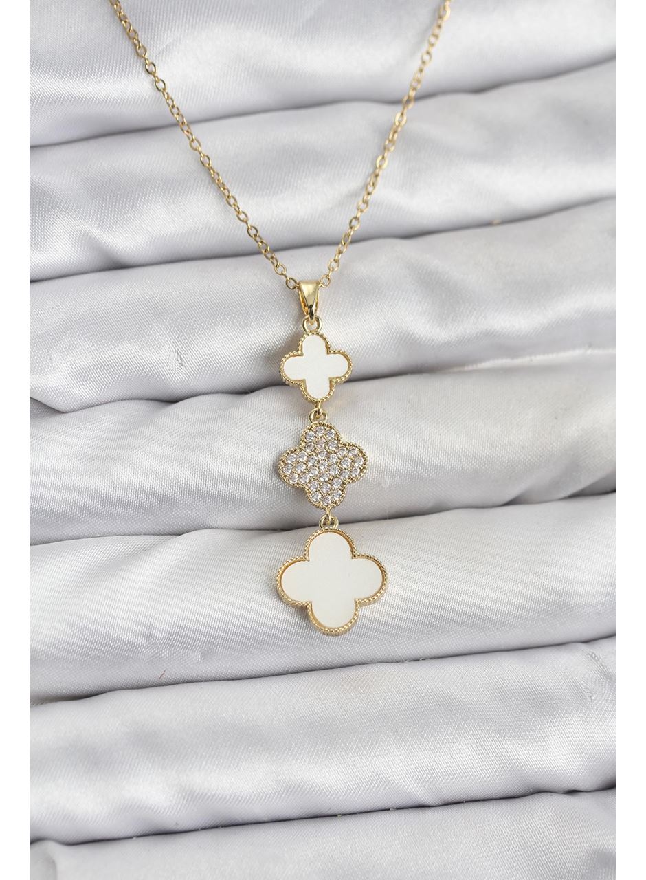 316L Çelik Zincir Gold Renk Yonca Detaylı Zirkon Taşlı Kadın Kolye