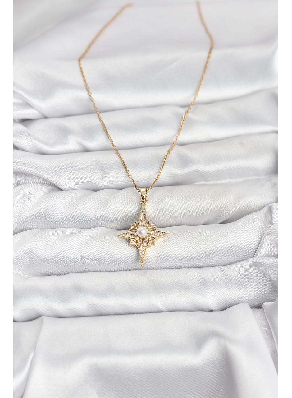 316L Çelik Zincir Gold Renk Kutup Yıldızı Model Zirkon Taşlı Kadın Kolye