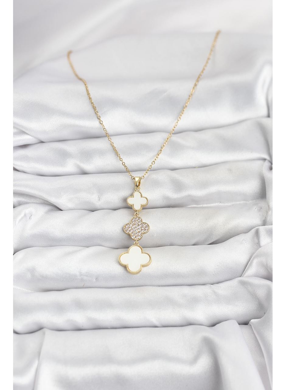 316L Çelik Zincir Gold Renk Yonca Detaylı Zirkon Taşlı Kadın Kolye