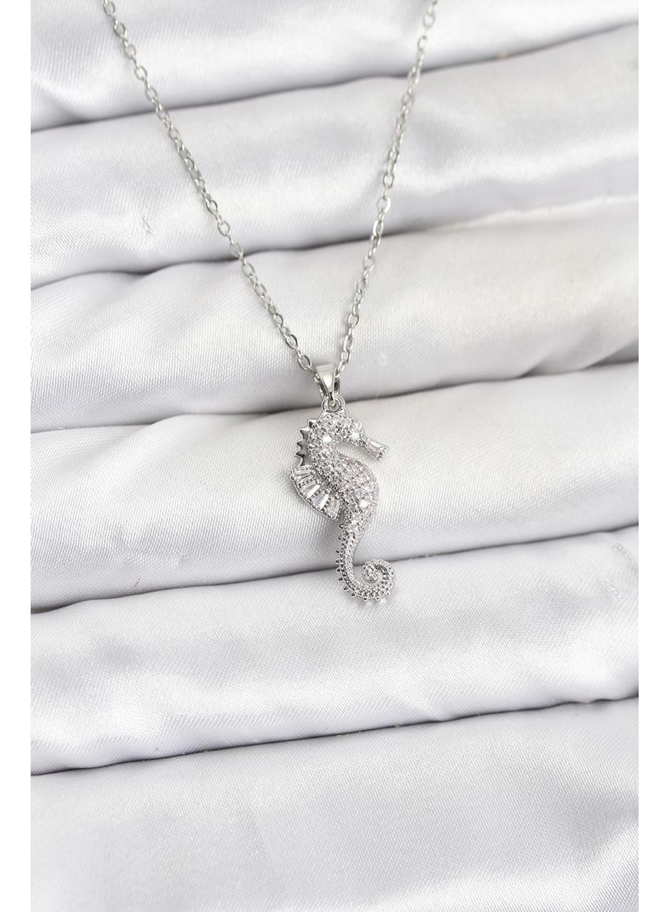 316L Çelik Zincir Gümüş Renk Deniz Atı Model Zirkon Taşlı Kadın Kolye