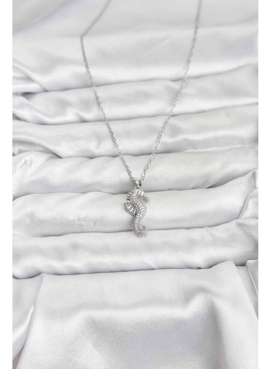 316L Çelik Zincir Gümüş Renk Deniz Atı Model Zirkon Taşlı Kadın Kolye