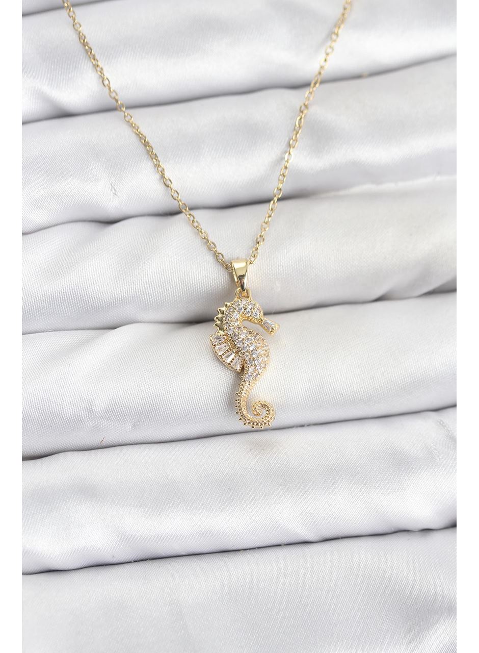 316L Çelik Zincir Gold Renk Deniz Atı Model Zirkon Taşlı Kadın Kolye