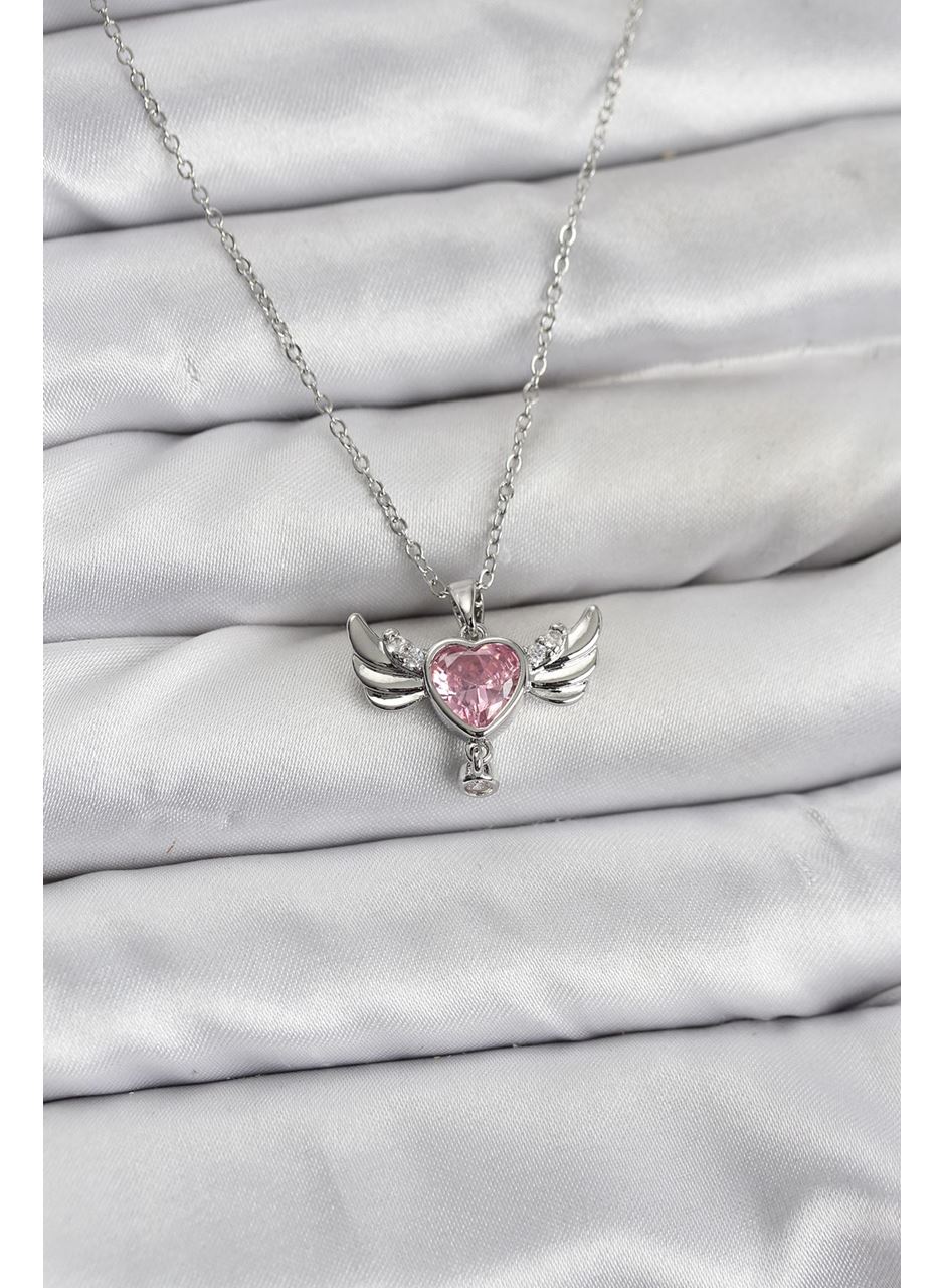 316L Çelik Zincir Gümüş Renk Kanatlı Kalp Model Zirkon Taşlı Kadın Kolye