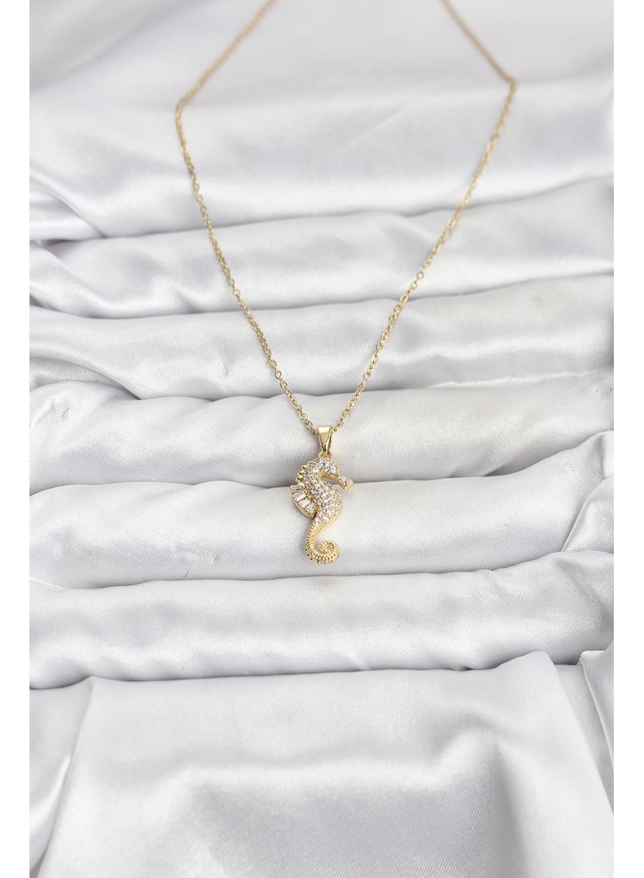 316L Çelik Zincir Gold Renk Deniz Atı Model Zirkon Taşlı Kadın Kolye