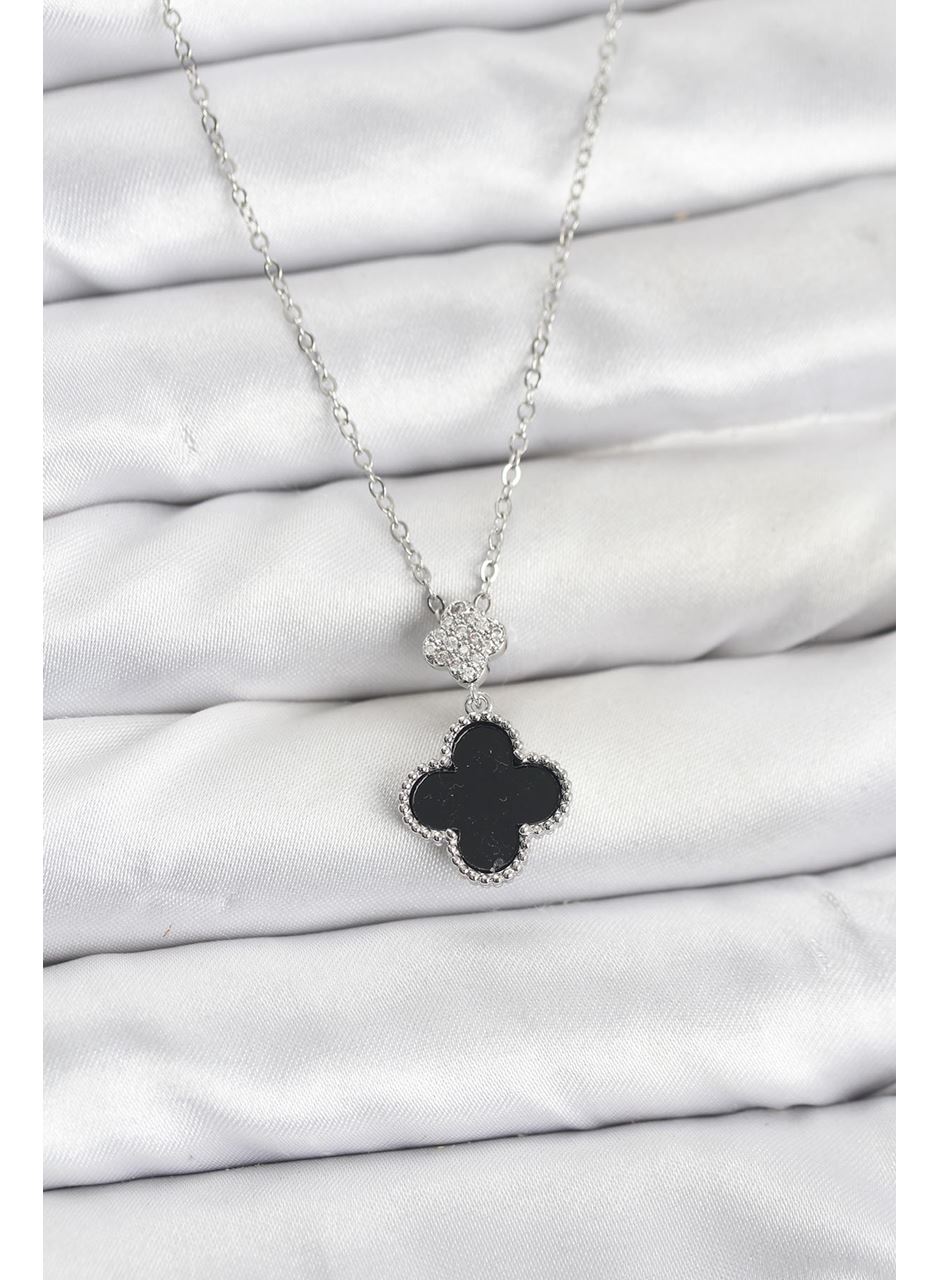 316L Çelik Zincir Gümüş Renk Yonca Model Zirkon Taşlı Kadın Kolye