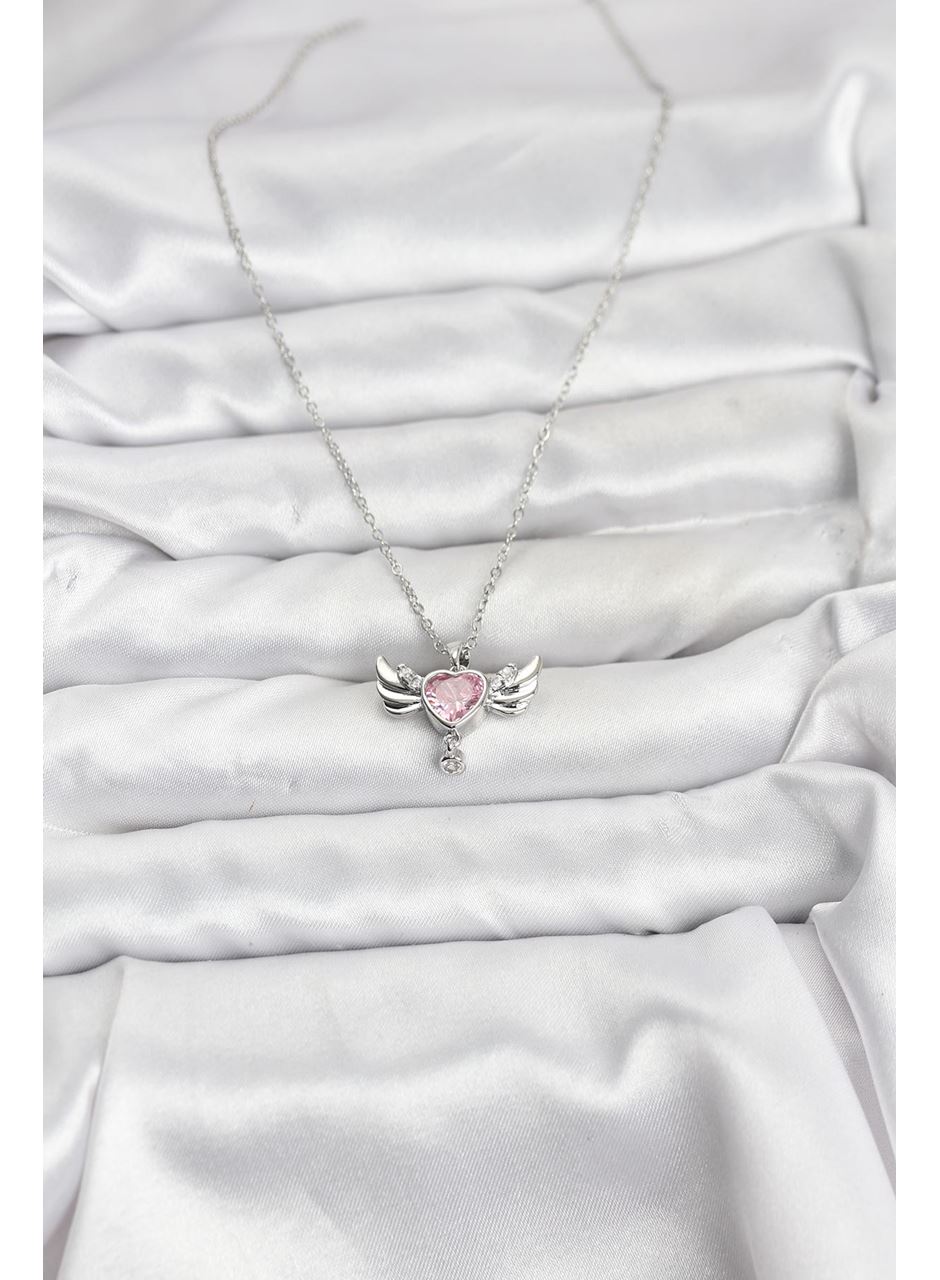 316L Çelik Zincir Gümüş Renk Kanatlı Kalp Model Zirkon Taşlı Kadın Kolye