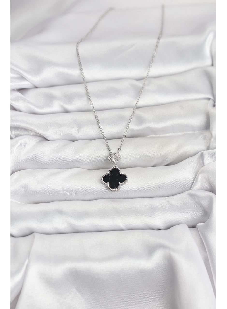 316L Çelik Zincir Gümüş Renk Yonca Model Zirkon Taşlı Kadın Kolye