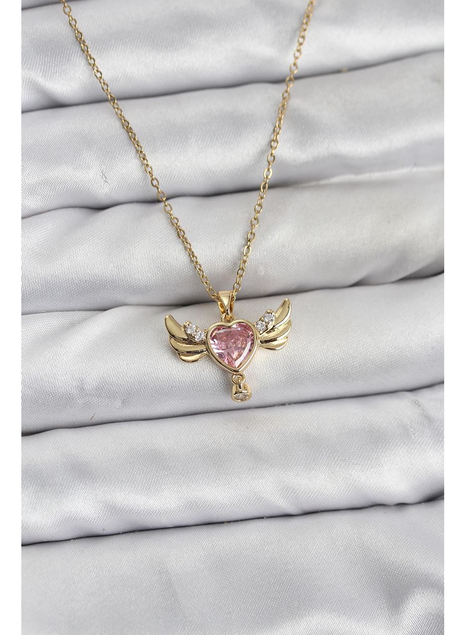 316L Çelik Zincir Gold Renk Kanatlı Kalp Model Zirkon Taşlı Kadın Kolye