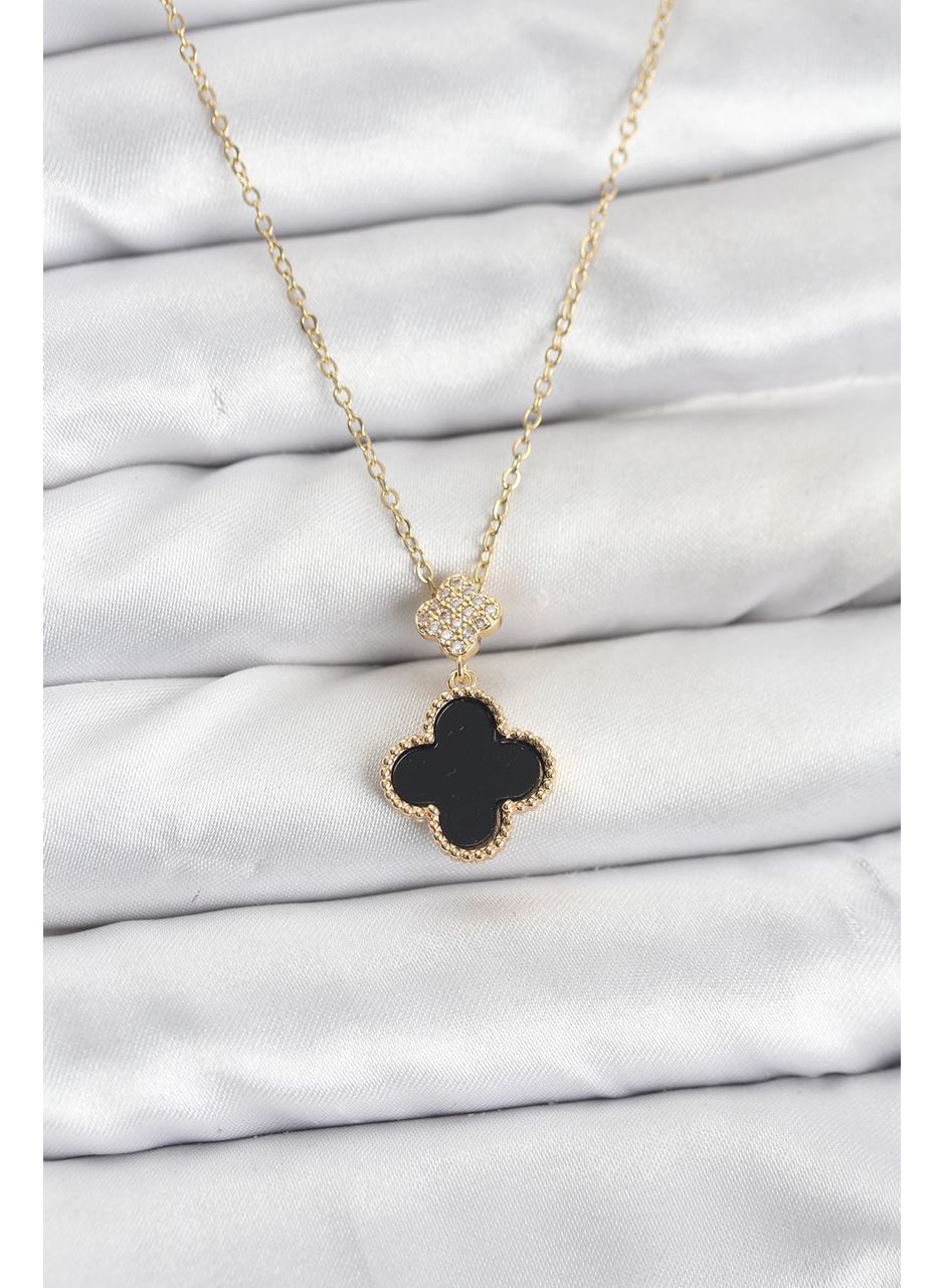 316L Çelik Zincir Gold Renk Yonca Model Zirkon Taşlı Kadın Kolye